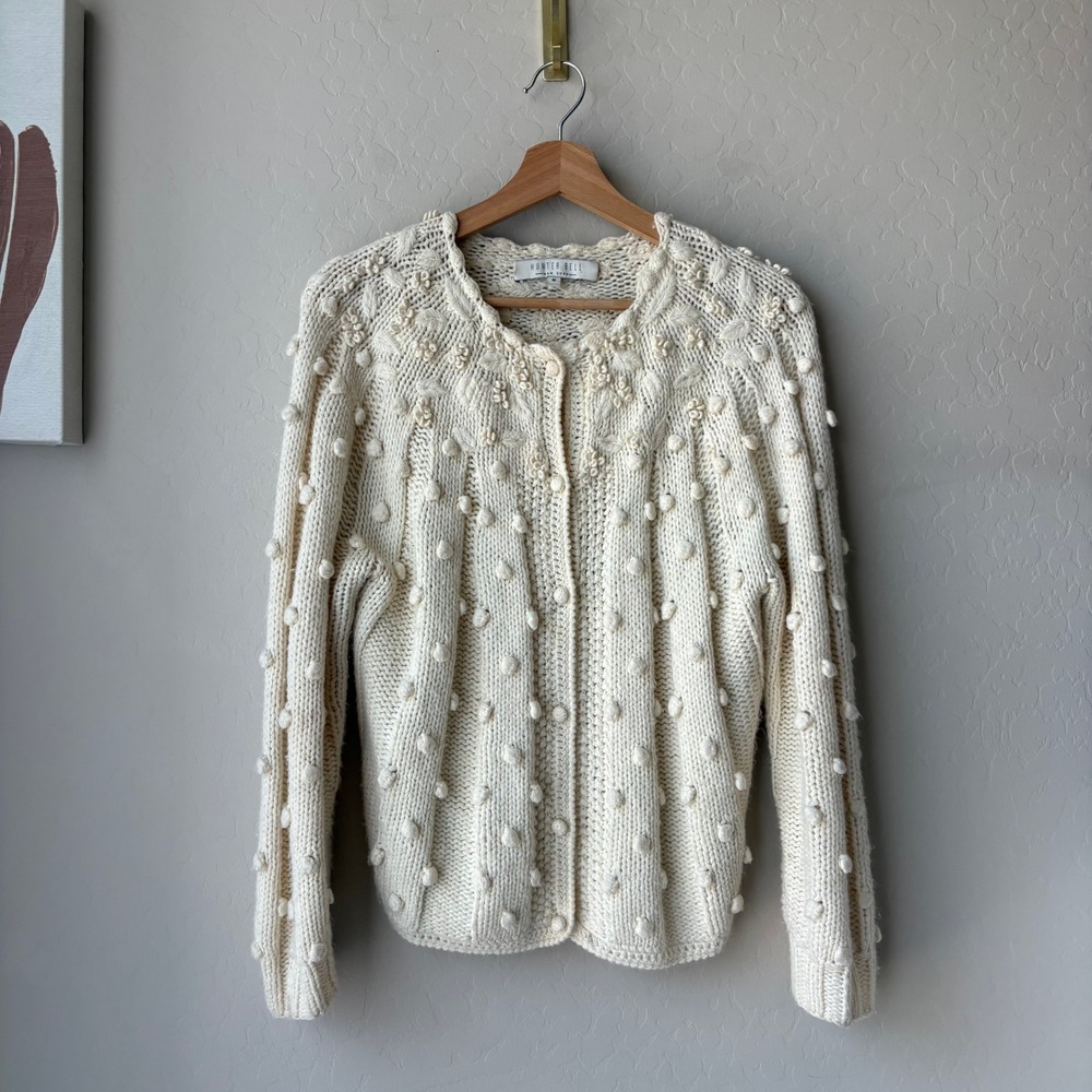 Hunter Bell Cardigan Ivory Wool Blend Bobble Knit Cardigan Sweater Size M - Picture 2 of 8